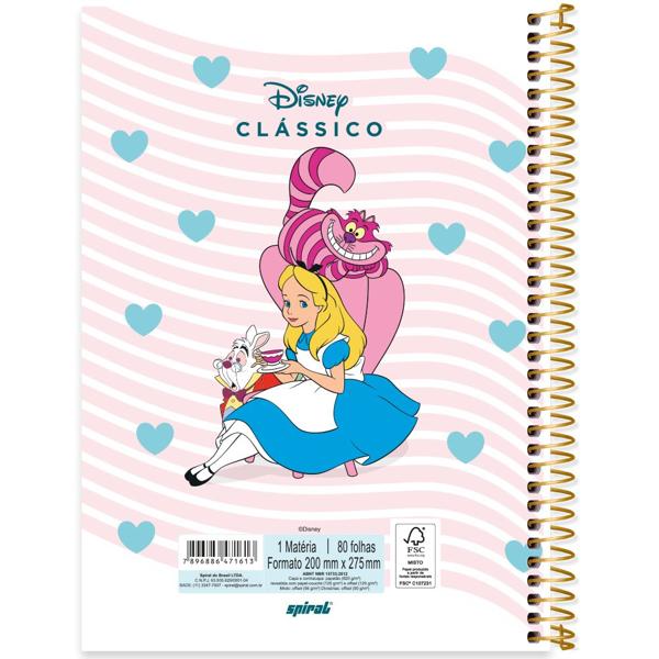 Caderno universitário capa dura, 1x1, 80 folhas, Alice no país das maravilhas, Disney Clássicos, 2371613, Spiral Cld PT 1 UN