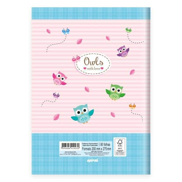 Caderno Universitário Capa Dura Brochura Costurado 80 Folhas, Corujinhas, 2349230, Spiral Cor - PT 1 UN