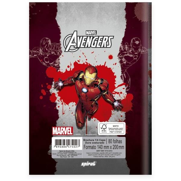 Caderno 1/4 Capa Dura Brochura Costurado 80 Folhas, Marvel Avengers Vingadores Homem de Ferro /Iron Man, Spiral, 2374027 - PT 1 UN