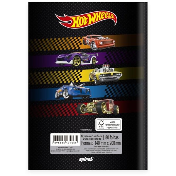 Caderno 1/4 Capa Dura Brochura Costurado 80 Folhas, Hot Wheels, Spiral, 2374065 - PT 1 UN