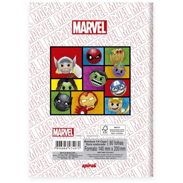 Caderno 1/4 Capa Dura Brochura Costurado 80 Folhas, Marvel Emoji, Spiral, 2374072 - PT 1 UN