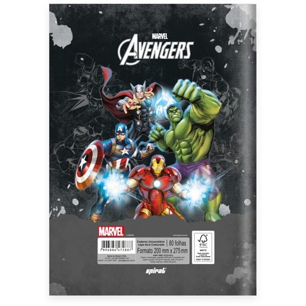 Caderno Universitário Capa Dura Brochura Costurado 80 Folhas, Avengers, 2372887, Spiral Av - PT 1 UN