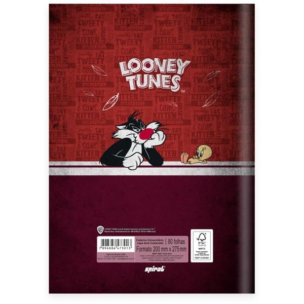 Caderno Universitário Capa Dura Brochura Costurado 80 Folhas, Looney Tunes, 2373013, Spiral Lt - PT 1 UN