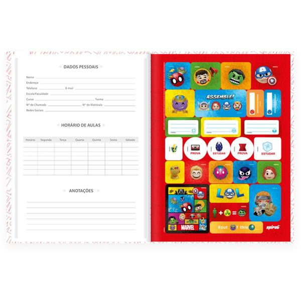 Caderno Universitário capa dura, Costurado, 80 folhas, Marvel Emoji, 2373044, Spiral Mve - PT 1 UN