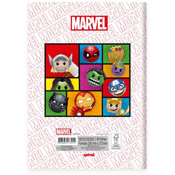 Caderno Universitário capa dura, Costurado, 80 folhas, Marvel Emoji, 2373044, Spiral Mve - PT 1 UN