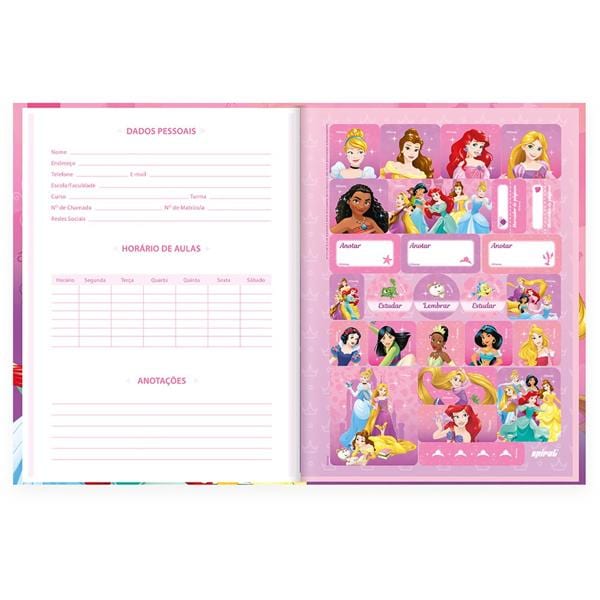 Caderno Universitário Capa Dura Brochura Costurado 80 Folhas, Disney Princesas, 2373082, Spiral Pn - PT 1 UN