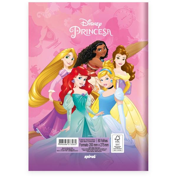 Caderno Universitário Capa Dura Brochura Costurado 80 Folhas, Disney Princesas, 2373082, Spiral Pn - PT 1 UN