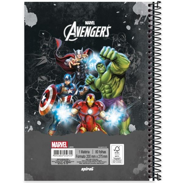 Caderno universitário capa dura, 1x1 80 folhas, Avengers, 2370724, Spiral Av - PT 1 UN