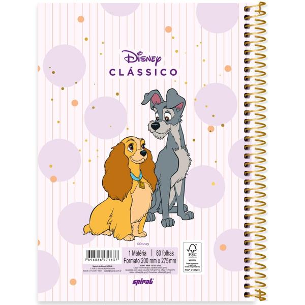 Caderno universitário capa dura, 1x1, 80 folhas, A Dana e o Vagabundo, Disney Clássicos, 2371637, Spiral Cld PT 1 UN