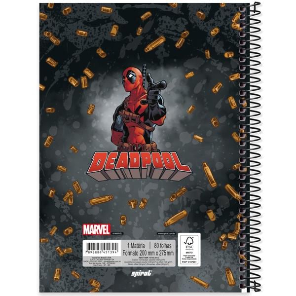 Caderno universitário capa dura, 1x1 80 folhas, Deadpool, 2351394, Spiral Dea - PT 1 UN