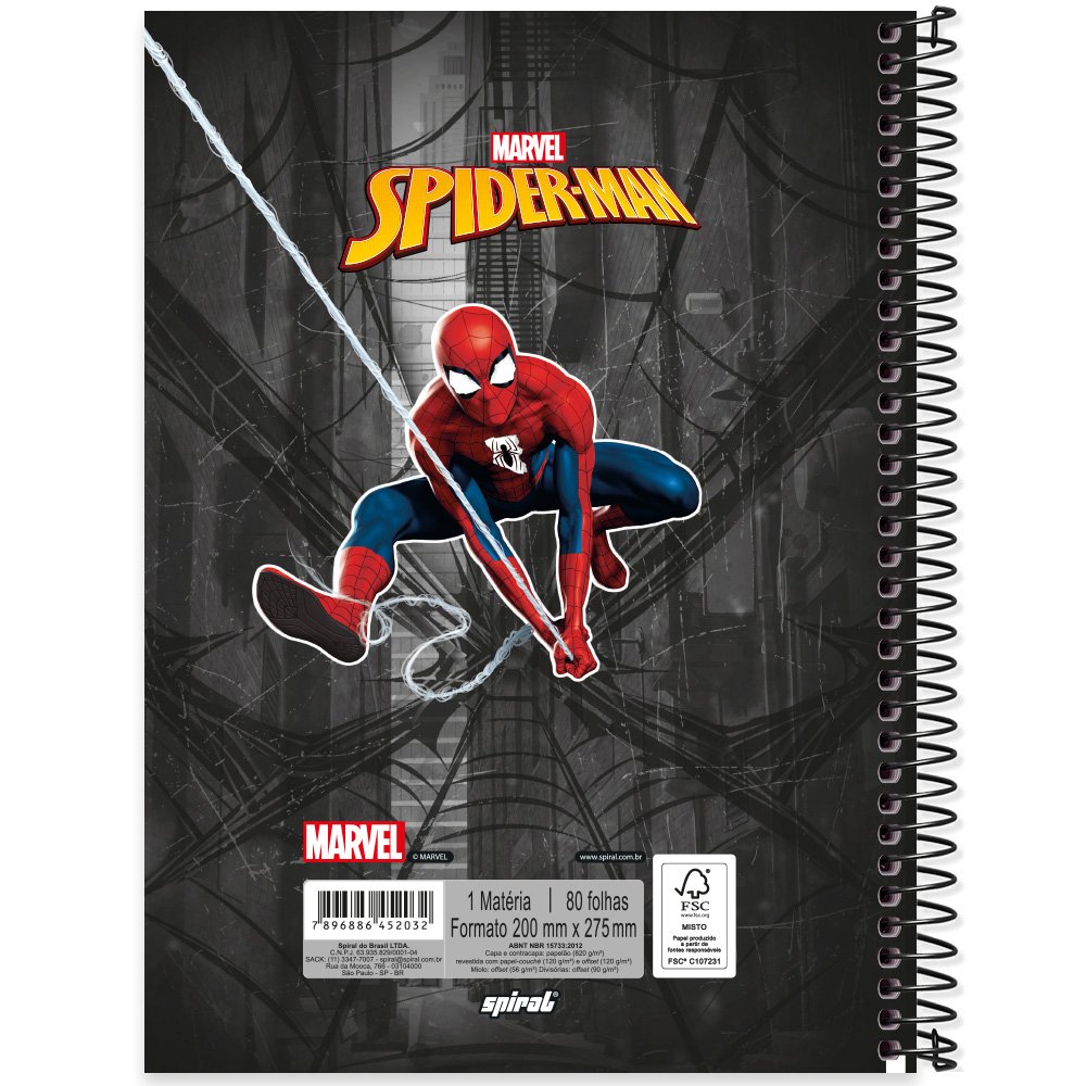 Caderno sem Espiral Grande Masculino Homem Aranha  Lister - Caderno Grande  - Homem Aranha - Spider-Man - 80 folhas - Universitário - Capa Dura  Costurado sem Espiral - 1un - Tilibra - Homem Aranha