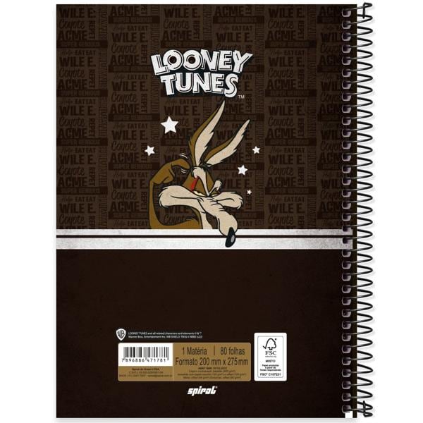 Caderno universitário capa dura, 1x1 80 folhas, Looney Tunes, 2371781, Spiral Lt - PT 1 UN