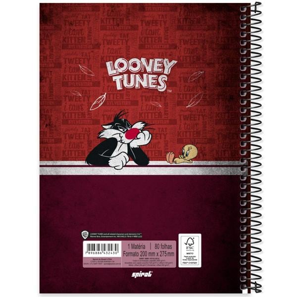 Caderno universitário capa dura, 1x1 80 folhas, Looney Tunes, 2332430, Spiral Lt - PT 1 UN