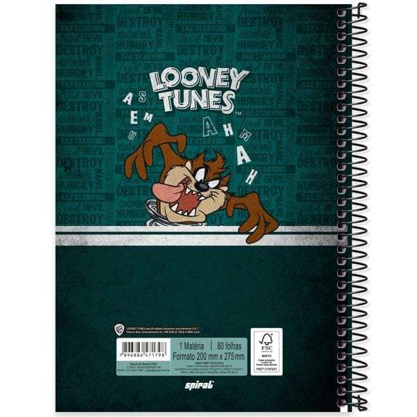 Caderno universitário capa dura, 1x1 80 folhas, Looney Tunes, 2371798, Spiral Lt - PT 1 UN