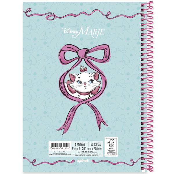 Caderno Universitário Capa Dura, 1x1, 80 Folhas, Disney Marie, 2371804, Spiral Mar - PT 1 UN