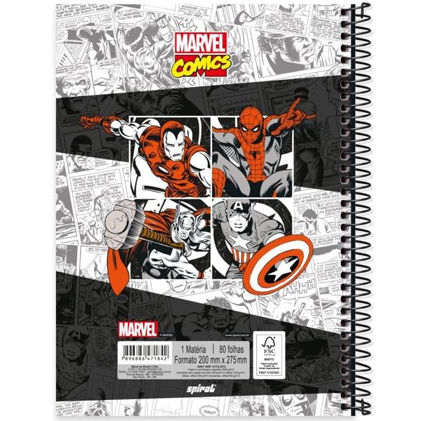 Caderno universitário capa dura, 1x1 80 folhas, Marvel Comics, 2371842, Spiral Mv - PT 1 UN