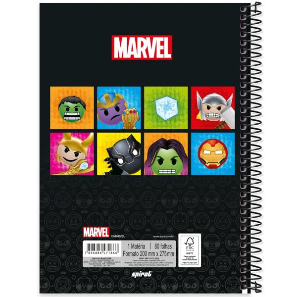 Caderno universitário capa dura, 1x1 80 folhas, Marvel Emoji, 2371866, Spiral Mve - PT 1 UN