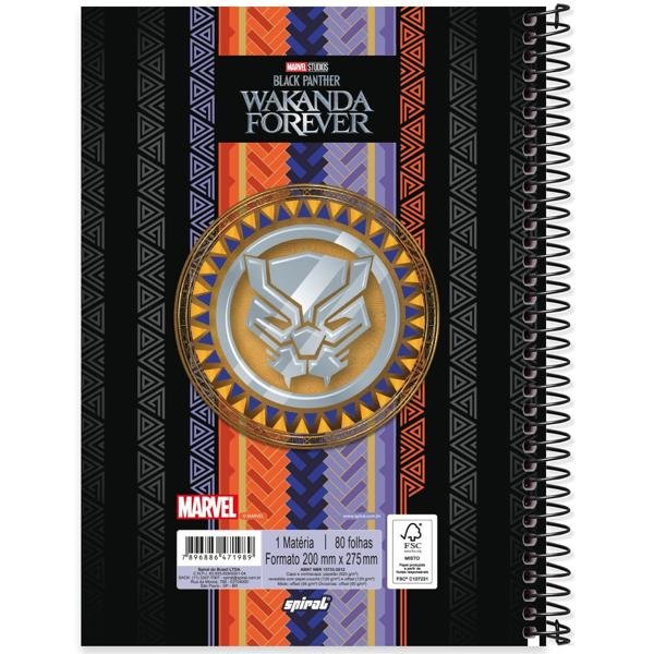 Caderno universitário capa dura, 1x1 80 folhas, Pantera Negra, 2371989, Spiral Pan - PT 1 UN