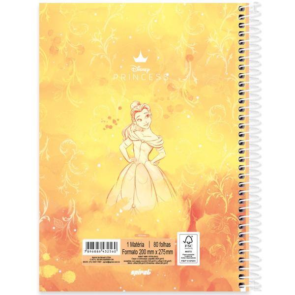 Caderno Universitário Capa Dura, 1x1, 80 Folhas, Disney Princesas, 2332560, Spiral Pn - PT 1 UN