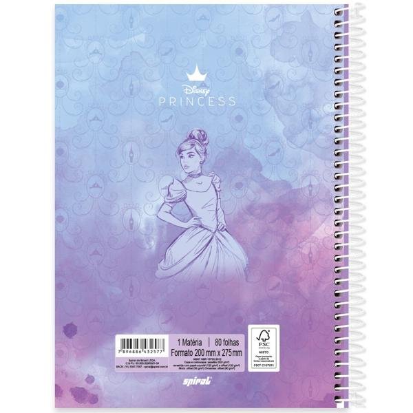Caderno Universitário Capa Dura, 1x1, 80 Folhas, Disney Princesas, 2332577, Spiral Pn - PT 1 UN