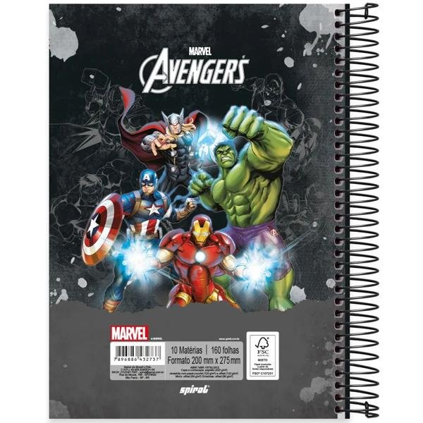 Caderno universitário capa dura, 10x1, 160 folhas, Avengers, 2332737, Spiral Av - PT 1 UN