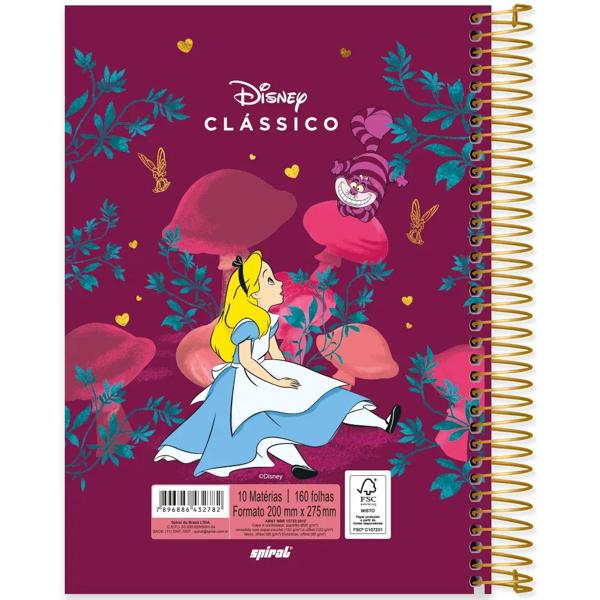 Caderno universitário capa dura, 10x1, 160 folhas, Alice no país das maravilhas, Disney Clássicos, 2332782, Spiral Cld PT 1 UN