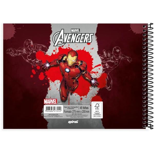 Caderno cartografia e desenho capa dura 48 folhas Marvel Avengers Vingadores Homem de Ferro /Iron Man, Spiral, 2373242 - PT 1 UN