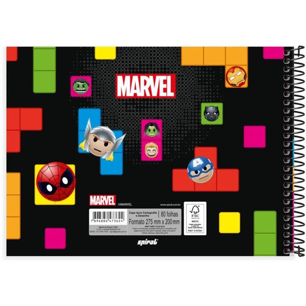 Caderno cartografia e desenho capa dura 80 folhas Marvel Emoji, Spiral, 2373624 - PT 1 UN