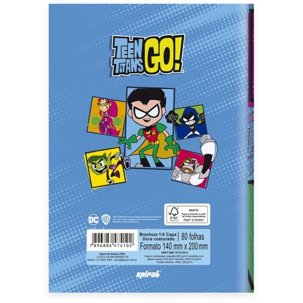 Caderno 1/4 capa dura costurado 80 folhas Teen Titans Go Os Jovens Titãs emAção, Spiral, 2374102 - PT 1 UN