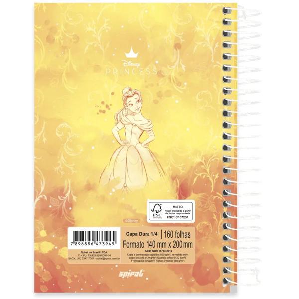 Caderno 1/4 capa dura espiral 160 folhas Disney Princesas Bela, Spiral, 2373945- PT 1 UN