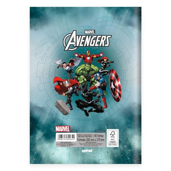 Caderno Universitário Capa Dura Brochura Costurado 80 Folhas, Marvel Vingadores - Avengers Spiral - PT 1 UN