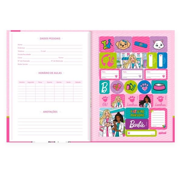 Caderno Universitário Capa Dura Brochura Costurado 80 Folhas, Barbie Mattel Spiral - PT 1 UN