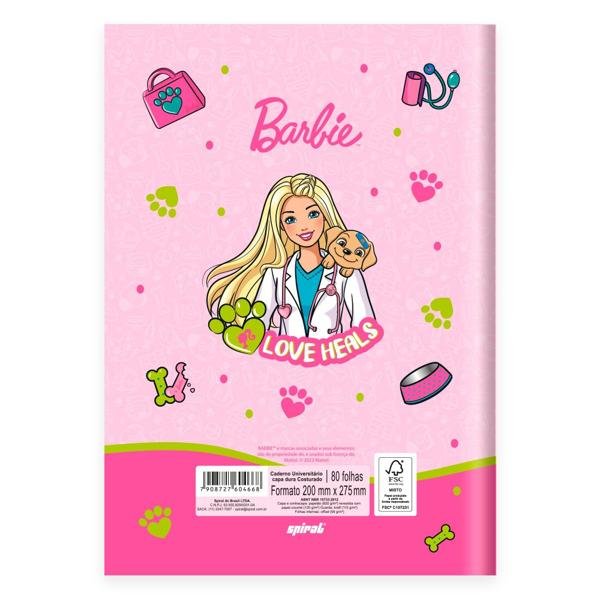 Caderno Universitário Capa Dura Brochura Costurado 80 Folhas, Barbie Mattel Spiral - PT 1 UN