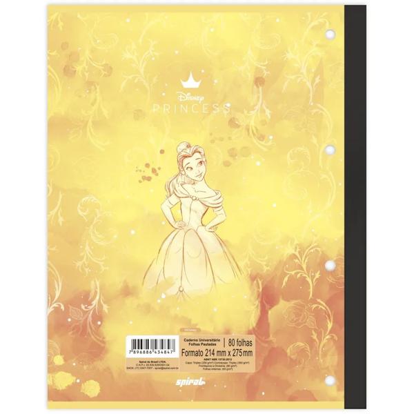 Caderno Universitário Wireless Com Folhas Coladas, 1x1, 80 Folhas, Disney Princesas, 2334847, Spiral Pn - PT 1 UN