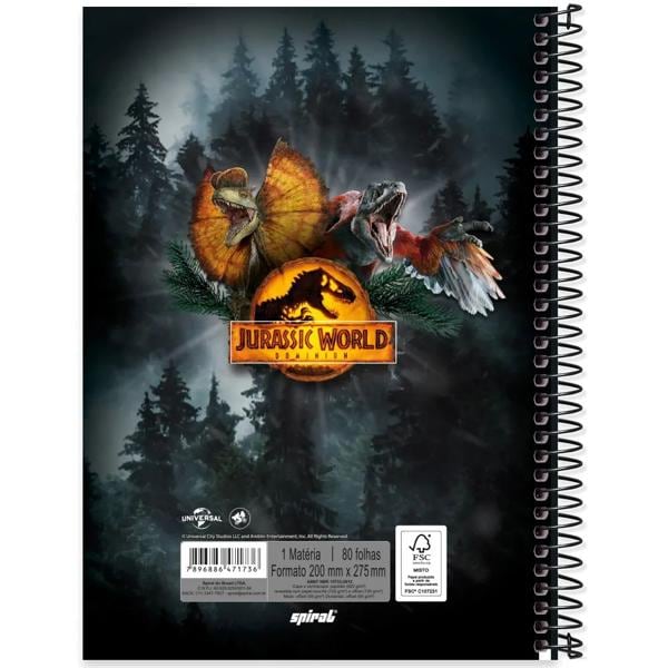 Caderno universitário capa dura, 1x1 80 folhas, Jurassic World, 2371736, Spiral Jw - PT 1 UN