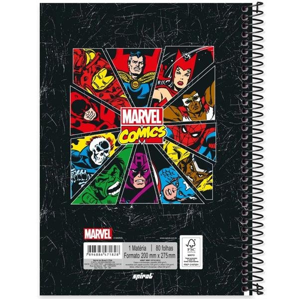 Caderno universitário capa dura, 1x1 80 folhas, Marvel Comics, 2371828, Spiral Mv P PT 1 UN