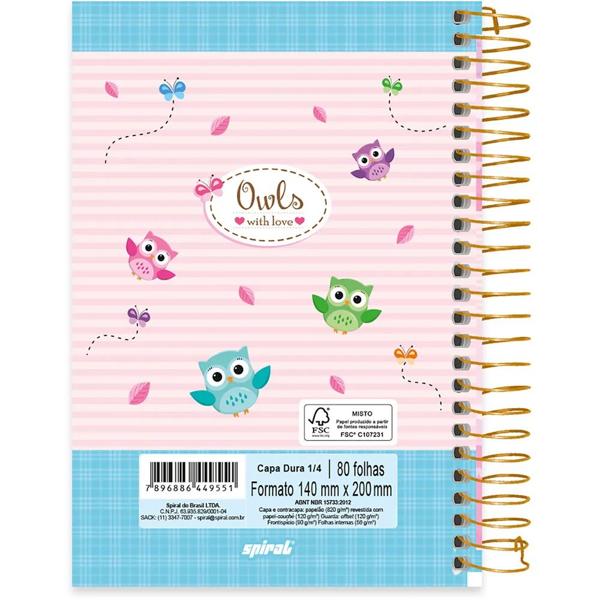 Caderno 1/4 capa dura espiral 80 folhas Corujinhas, Spiral, 2349551 - PT 1 UN