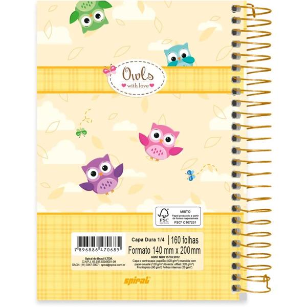 Caderno 1/4 capa dura espiral 160 folhas Corujinhas Amarela, Spiral, 2370685 - PT 1 UN