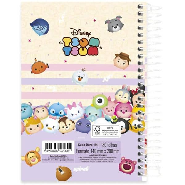 Caderno 1/4 capa dura espiral 80 folhas Disney Tsum Tsum, Spiral, 2334601- PT 1 UN