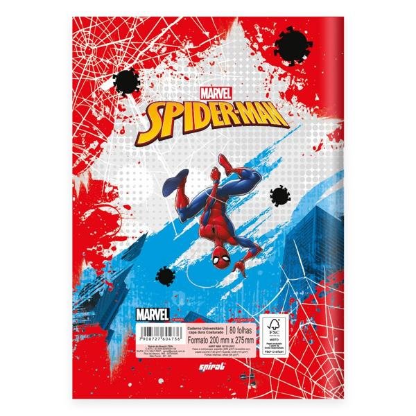 Caderno Universitário Capa Dura Brochura Costurado 80 Folhas, Marvel Homem Aranha - Spiderman Spiral - PT 1 UN
