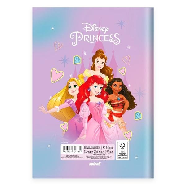 Caderno Universitário Capa Dura Brochura Costurado 80 Folhas, Disney Princesas Spiral - PT 1 UN