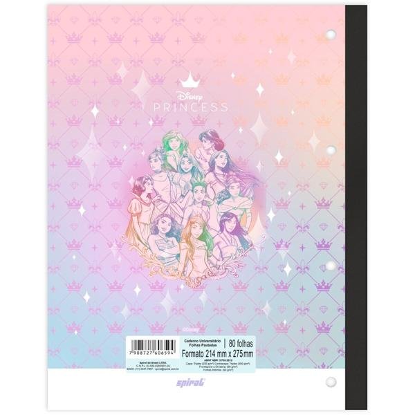 Caderno Universitário Wireless com Folhas Coladas 1X1 80 Folhas Disney Princesas Spiral - PT 1 UN