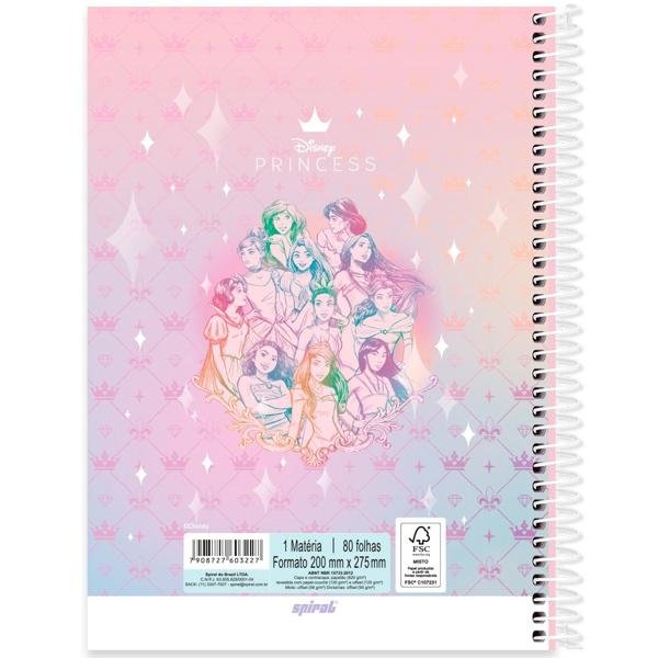 Caderno Universitário Capa Dura 1X1 80 Folhas Disney Princesas Spiral - PT 1 UN
