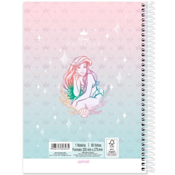Caderno Universitário Capa Dura 1X1 80 Folhas Disney Princesas Ariel Spiral - PT 1 UN
