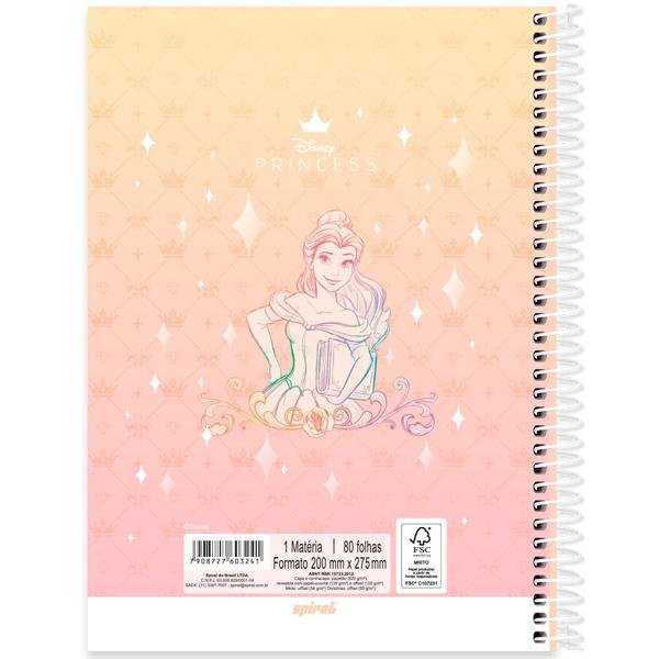 Caderno Universitário Capa Dura 1X1 80 Folhas Disney Princesas Bela Spiral - PT 1 UN