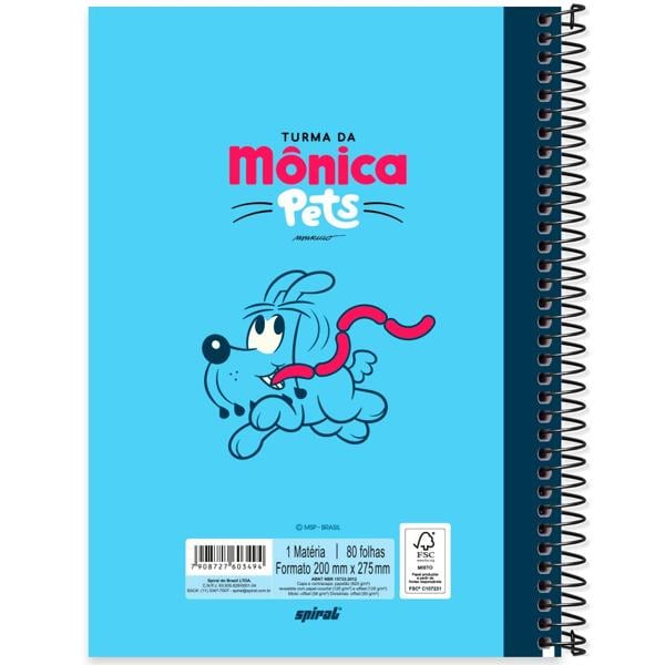 Caderno Universitário Capa Dura 1X1 80 Folhas Turma da Mônica Pets Bidu Spiral - PT 1 UN