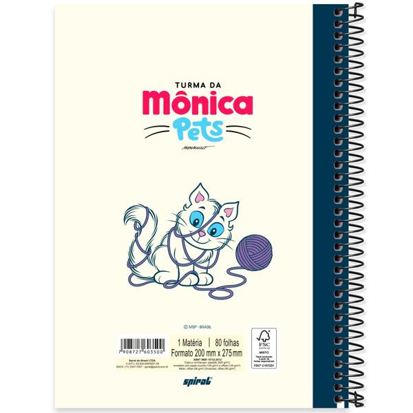 Caderno Universitário Capa Dura 1X1 80 Folhas Turma da Mônica Pets Mingau Spiral - PT 1 UN