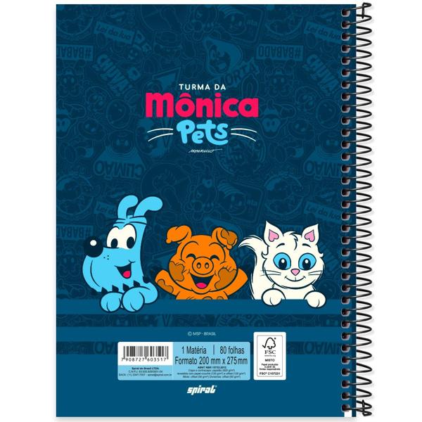 Caderno Universitário Capa Dura 1X1 80 Folhas Turma da Mônica Pets Spiral - PT 1 UN