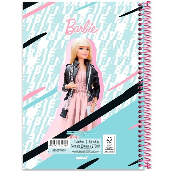 Caderno Universitário Capa Dura 1X1 80 Folhas Barbie Mattel Spiral - PT 1 UN