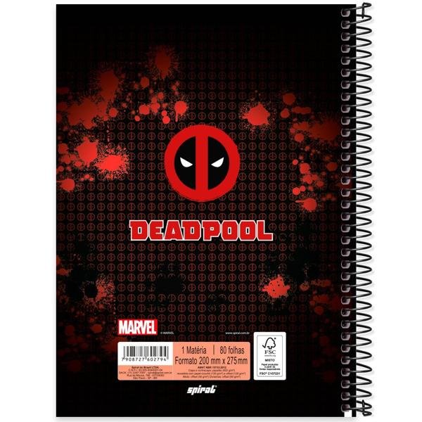 Caderno Universitário Capa Dura 1X1 80 Folhas Marvel Deadpool Spiral - PT 1 UN